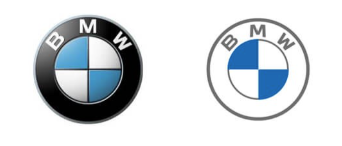 Two BMW logos side-by-side: the traditional black-bordered version on the left and a minimalist white-bordered one on right.
