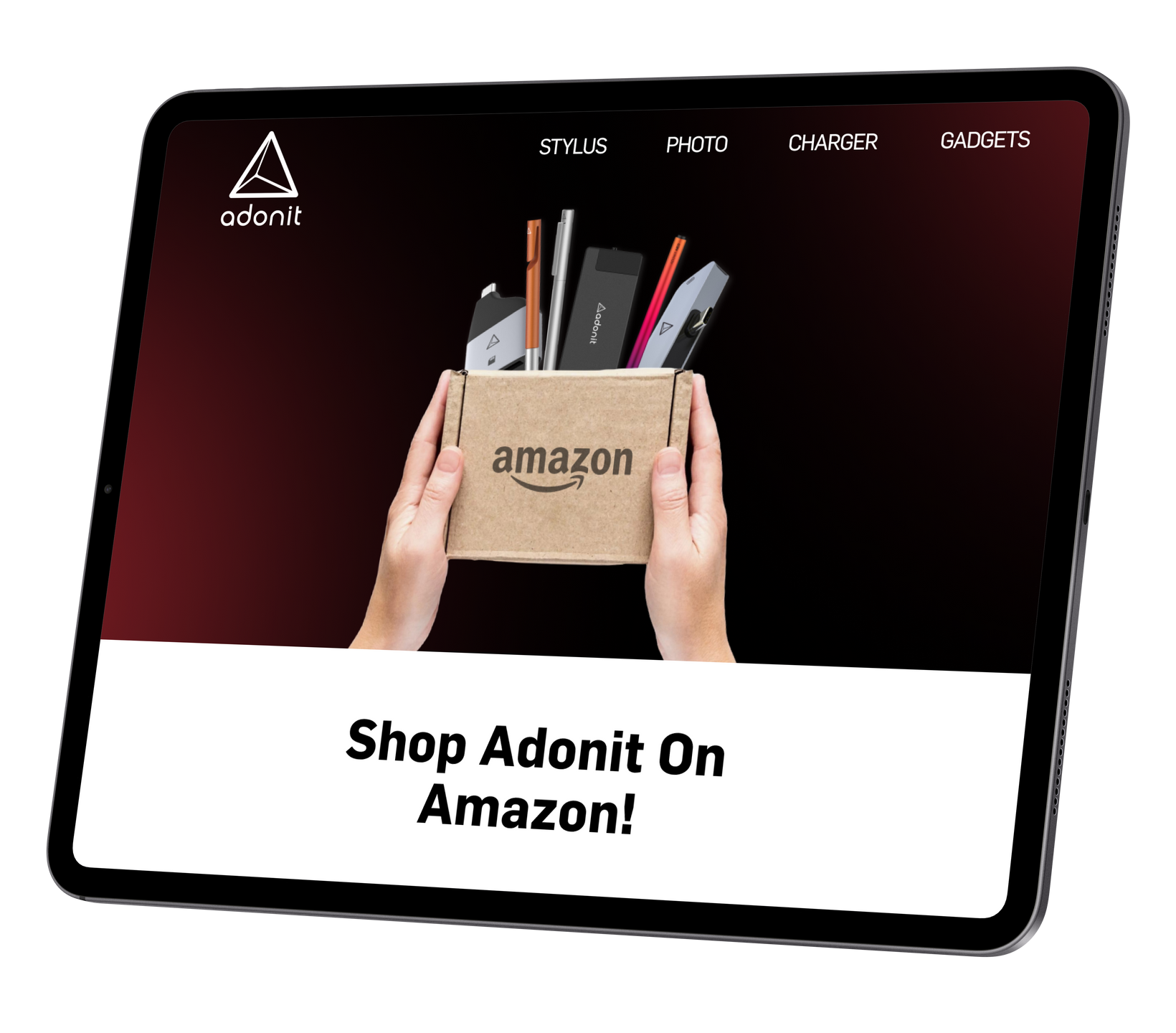 Hands holding a cardboard Amazon package filled with Adonit electronics, with a menu bar at the top of the screen.