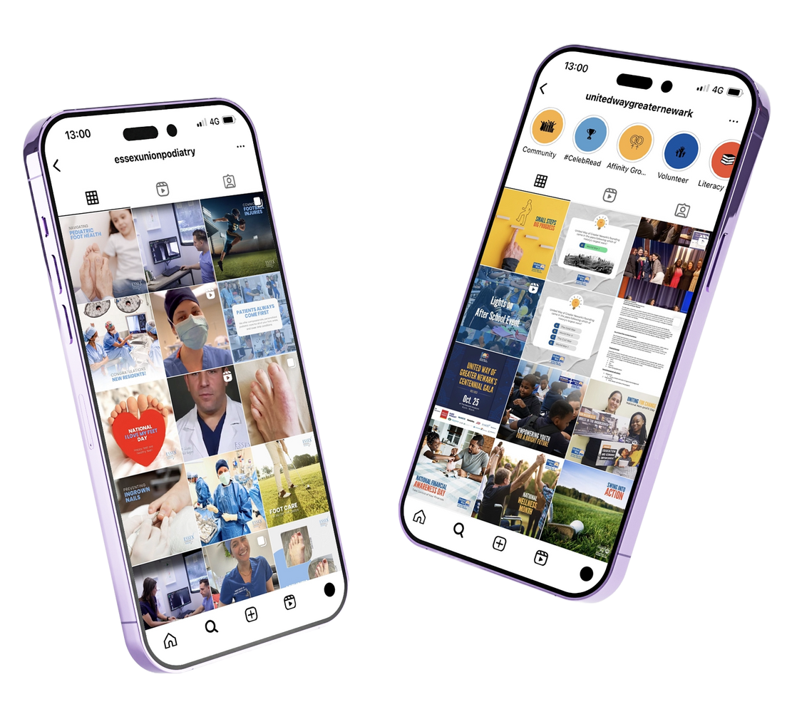 Two smartphones displaying Instagram feeds. One shows medical imagery, the other graphic designs and people.