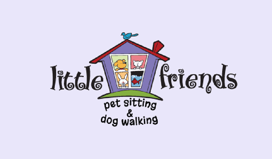 Logo for Little Friends Pet Sitting & Dog Walking, featuring a purple house with a bird and windows showing four pets.