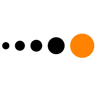 A row of four black dots increasing in size, followed by a larger orange dot on a white background.
