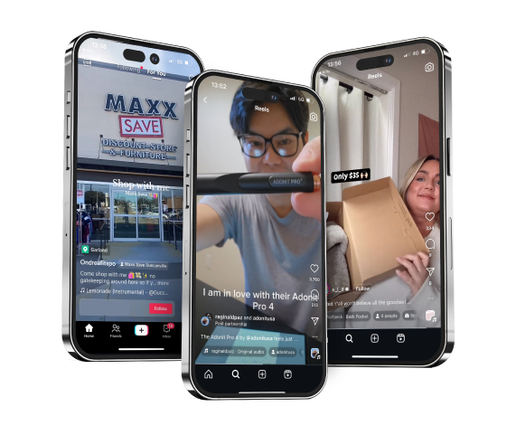 Three smartphones displaying social media video content, including a storefront, a person holding a device, and a package.