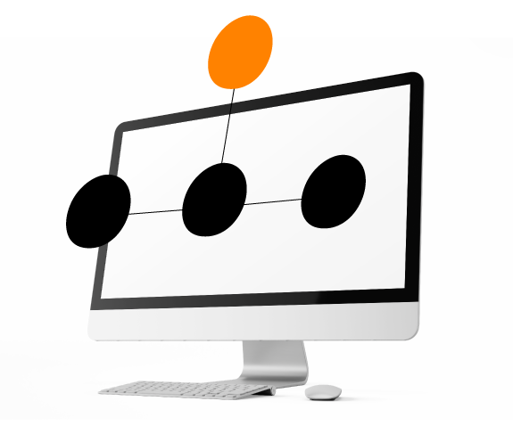 A computer monitor displays a diagram of three black circles connected in a row, with one orange circle attached above.