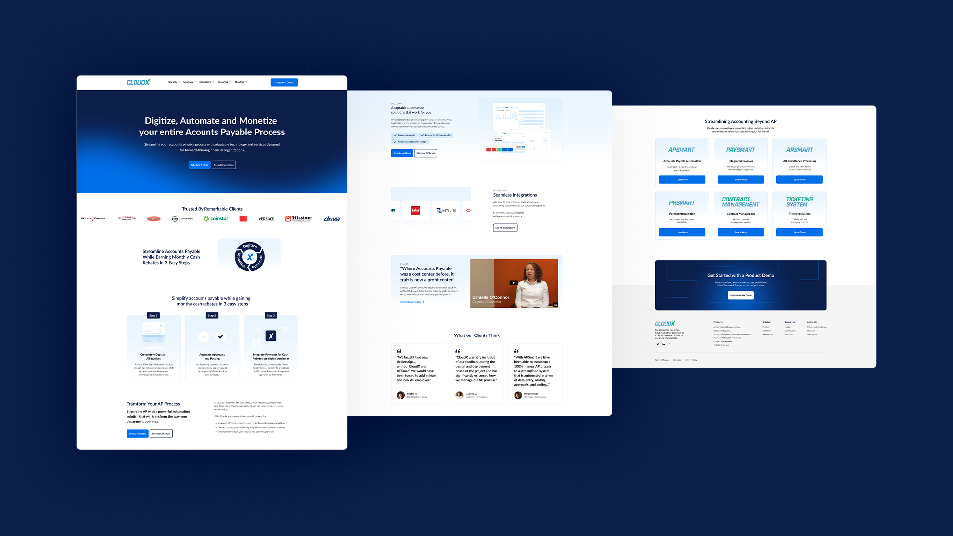 A display of three web pages showcasing a corporate website design with blue and white branding, layouts, and menus.