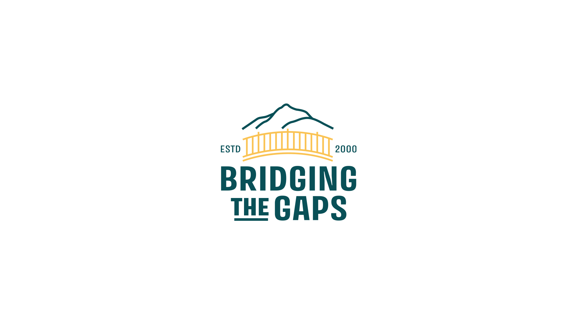 Logo for Bridging the Gaps with a mountain outline, a bridge illustration, and text on a white background.