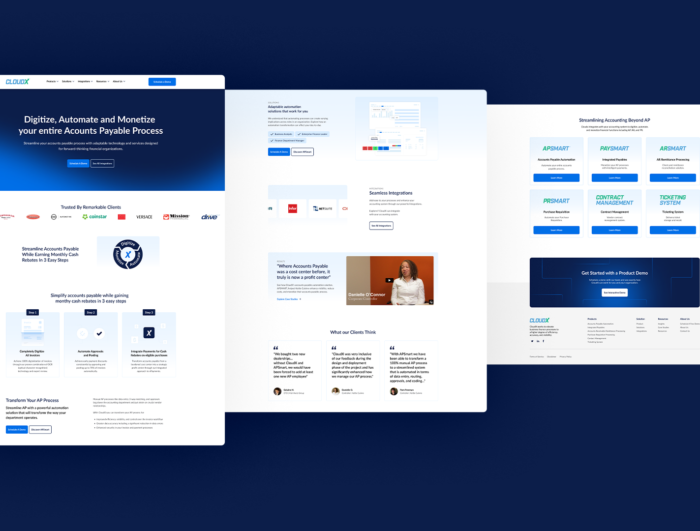 Three website mockups for a finance automation platform featuring blue branding, text, and data-driven business layouts.