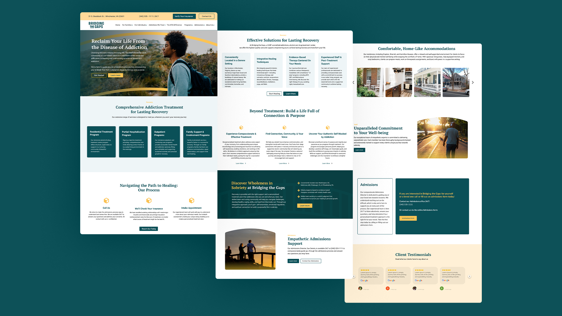 Three web page mockups displayed against a dark teal background, showcasing clean layouts with white, teal, and gold.