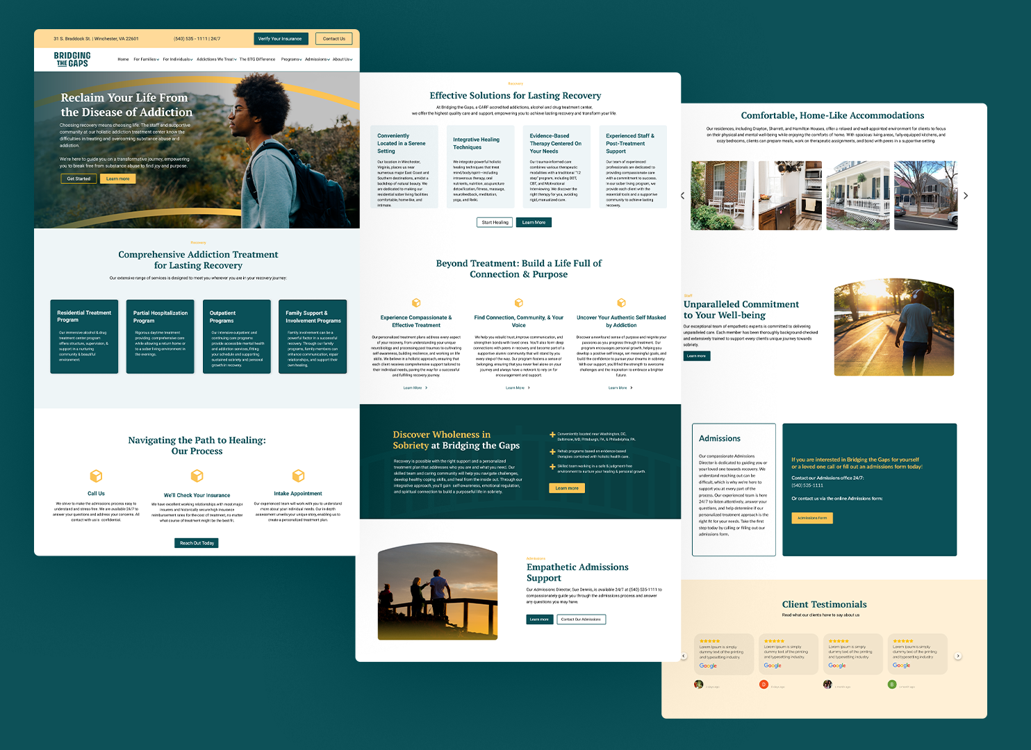 Mockup of three website landing pages featuring a teal and cream color scheme with text, images, and buttons.