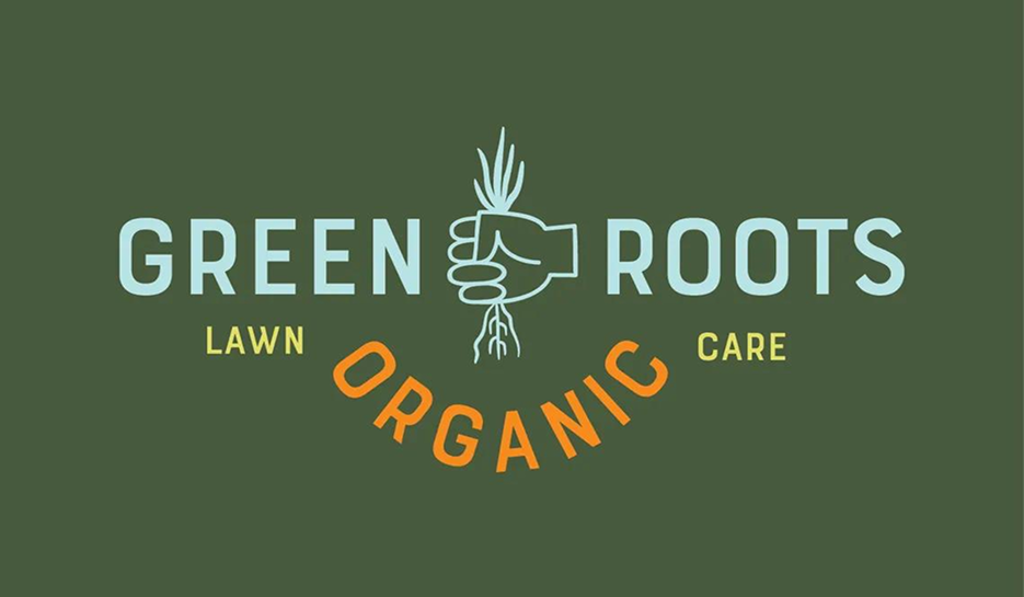 Logo for Green Roots Organic Lawn Care featuring a hand pulling a plant from the soil, set against a dark green background.