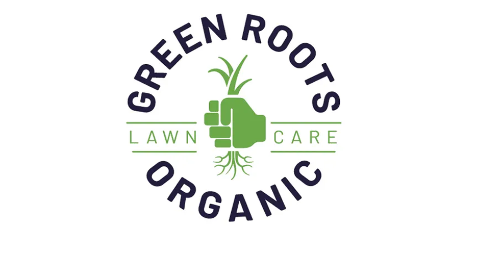 Logo for Green Roots Organic Lawn Care featuring a green hand pulling a plant from the ground, surrounded by circular text.