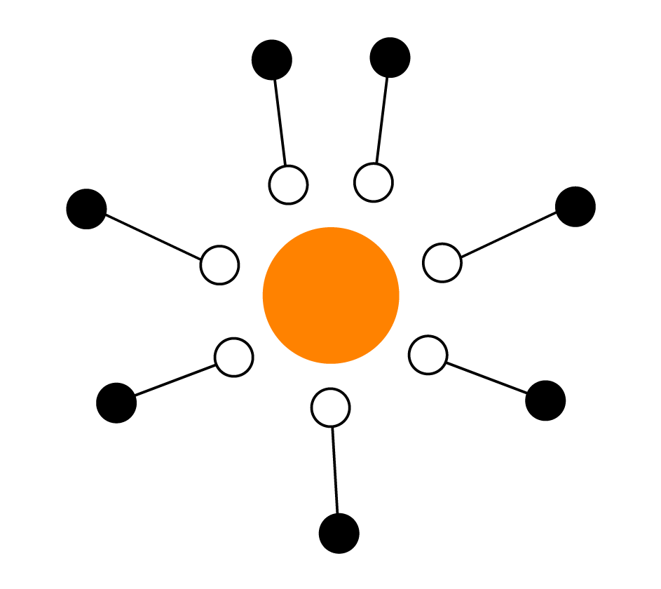 An orange central circle surrounded by six pairs of white and black smaller circles connected by lines in a star pattern.