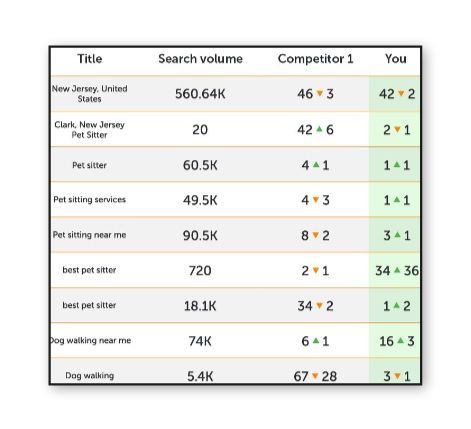 Table comparing search volumes and rankings for keywords between a competitor and the user across nine categories.