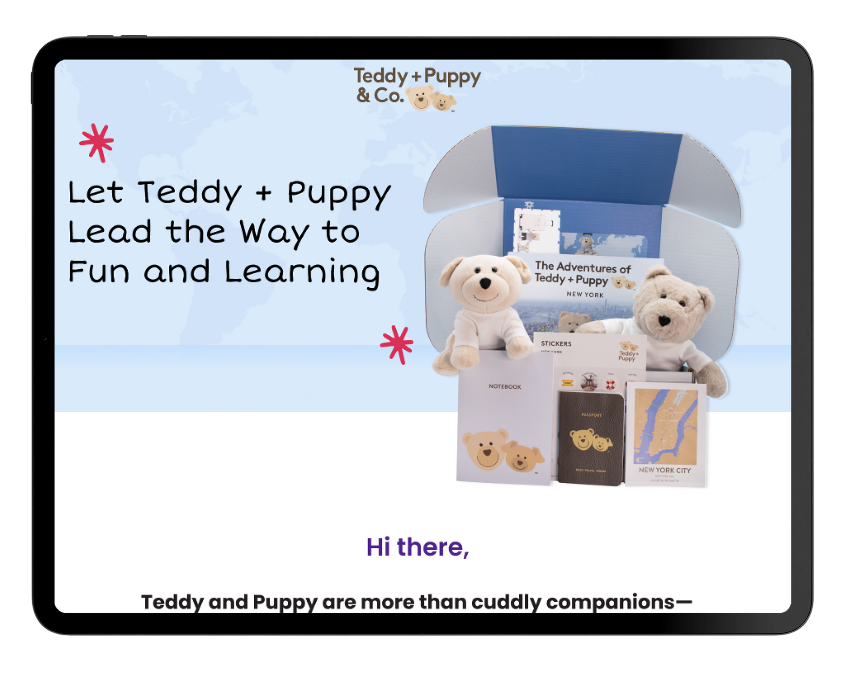 A welcome email from Teddy & Puppy & Co featuring a teddy bear and puppy plush toy, with blue branding and a heart icon.