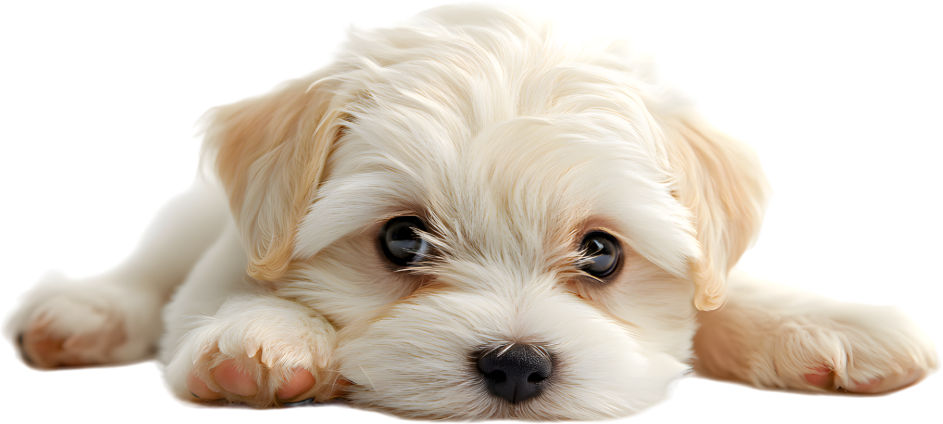 Fluffy white and tan puppy lying down.