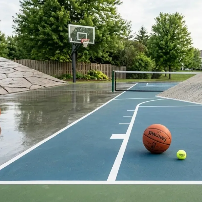Concrete court surface finish comparison in Fort Worth TX showing smooth float vs broom and stamped textures for safe play