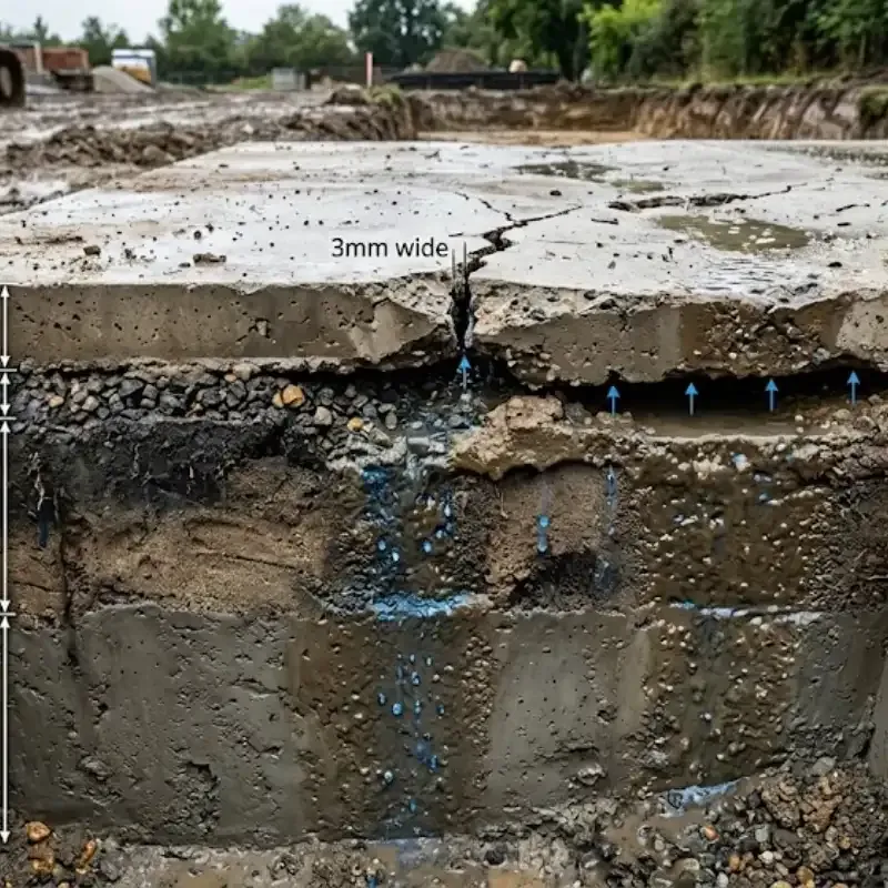 Concrete slab drainage issue in Dallas TX showing poor soil permeability and water trapped beneath foundation