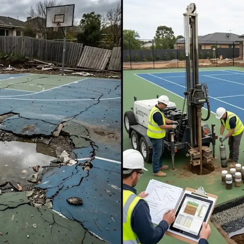 Concrete slab failure on residential sports court due to soil movement without geotechnical testing in Dallas Texas