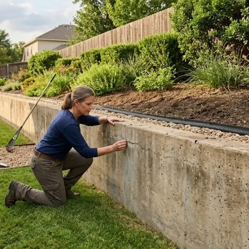 Fort Worth concrete retaining wall with small cracks being inspected for maintenance