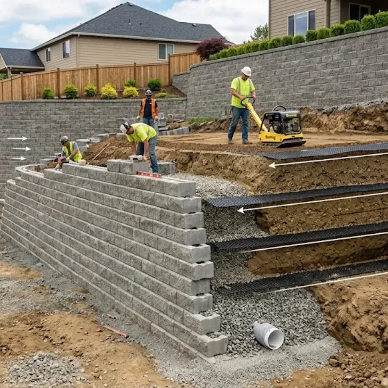 Reinforced retaining wall with geogrid installation for tall wall stability and soil support in residential landscaping