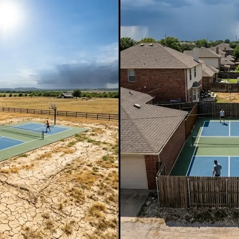 Residential sports court in Fort Worth TX showing proper drainage design for clay soil and heavy rain conditions