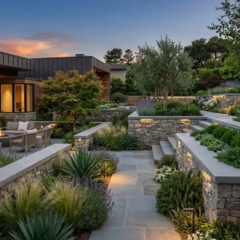 Retaining wall landscaping design framing garden beds and ornamental grasses in modern residential yard