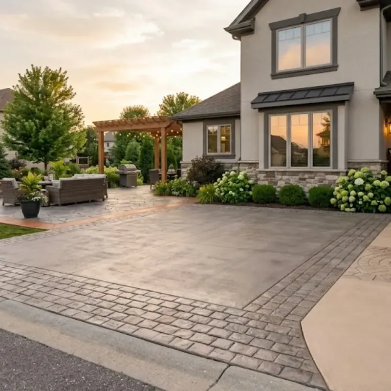 Stamped and stained concrete patio with decorative border in residential backyard in Fort Worth