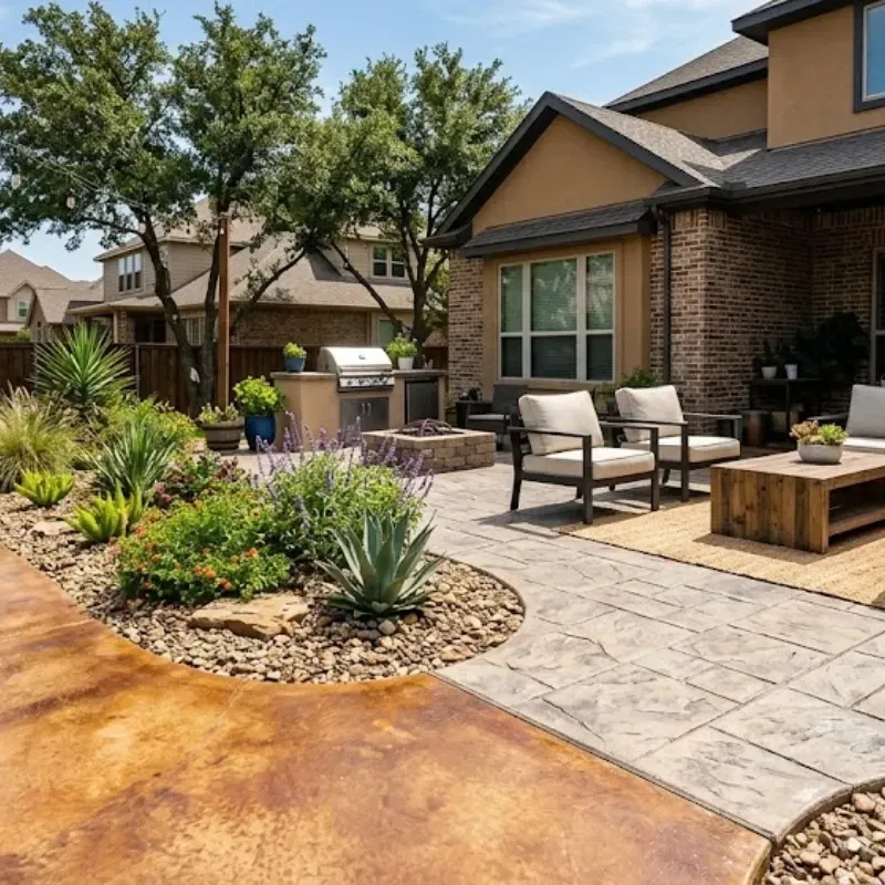 Stamped and stained decorative concrete patio in Fort Worth TX backyard designed for durability in Texas weather