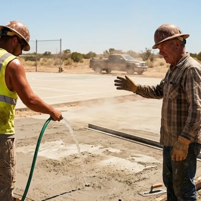 concrete sports court finishing during peak summer heat, early morning pour timing to prevent slump loss and surface damage
