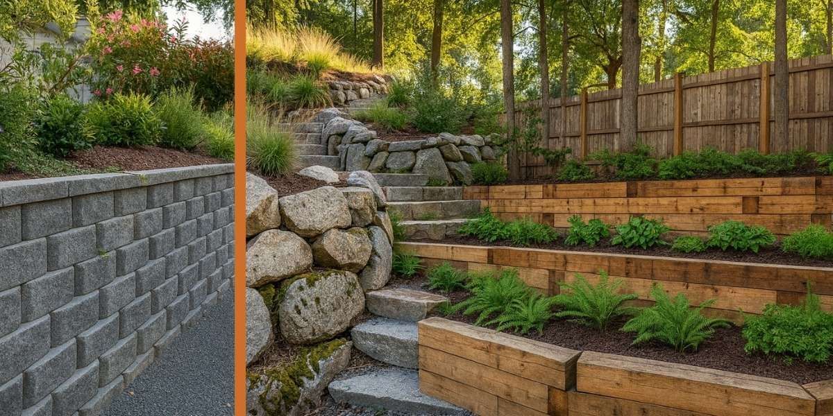 “Side-by-side comparison of block, natural stone, and timber retaining walls in landscaped