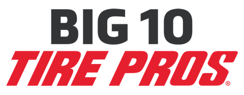 Logo for Big 10 Tire Pros. Black "BIG 10" above red "TIRE PROS".