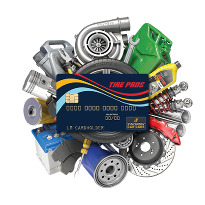 Tire Pros credit card surrounded by car parts.