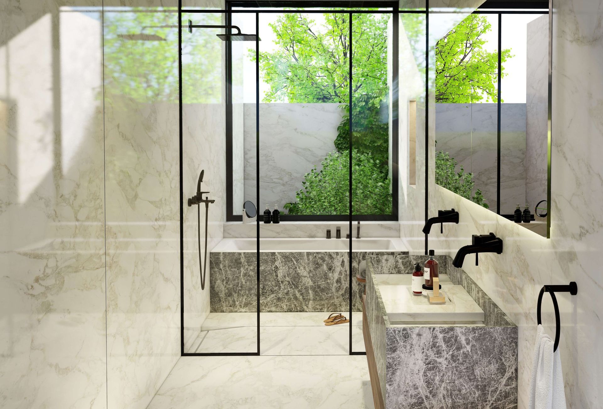 Vue de la séparation de l'espace Balnéo et douche