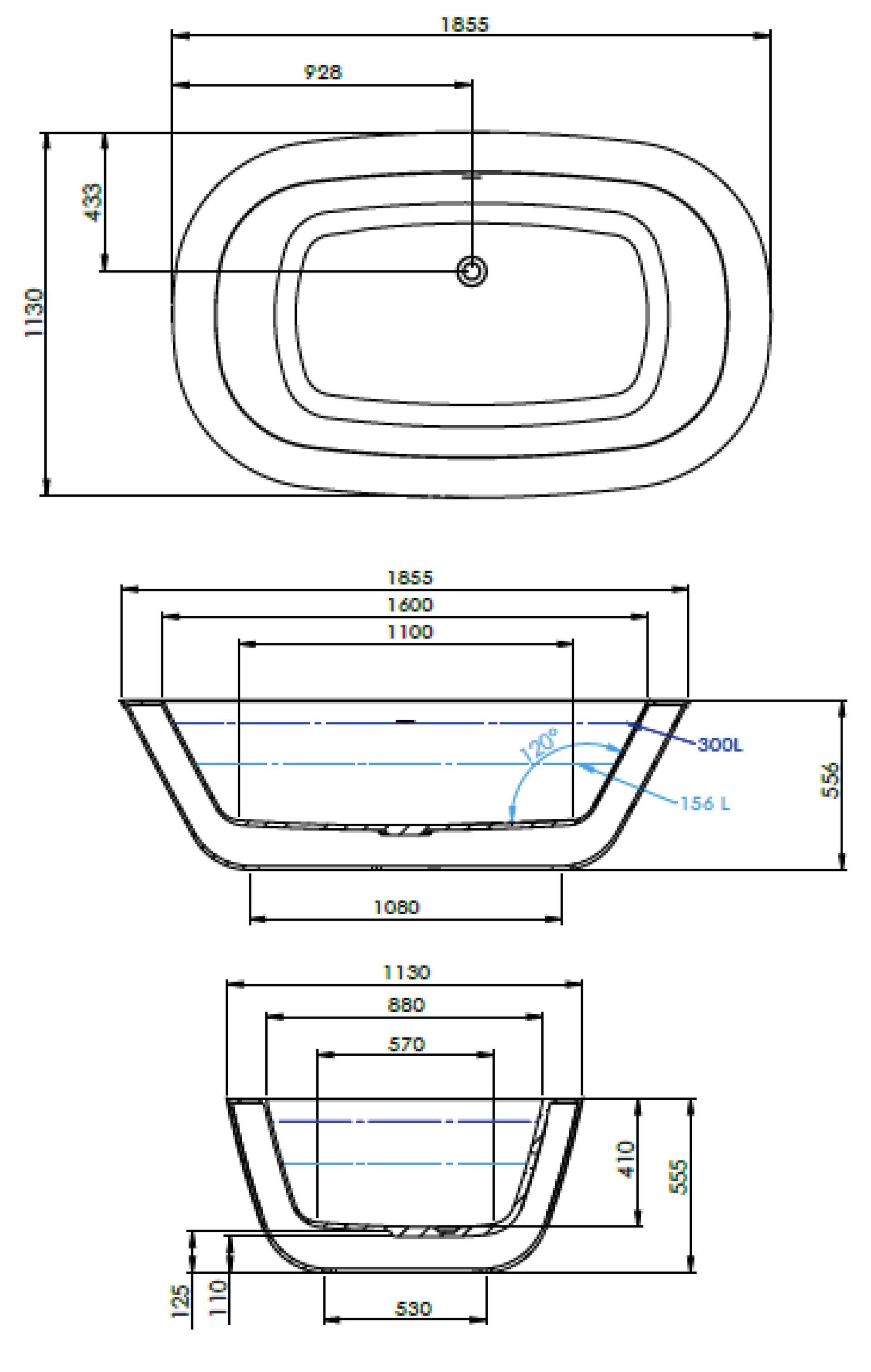 Schéma baignoire îlot en résine 185,5 X 113 cm