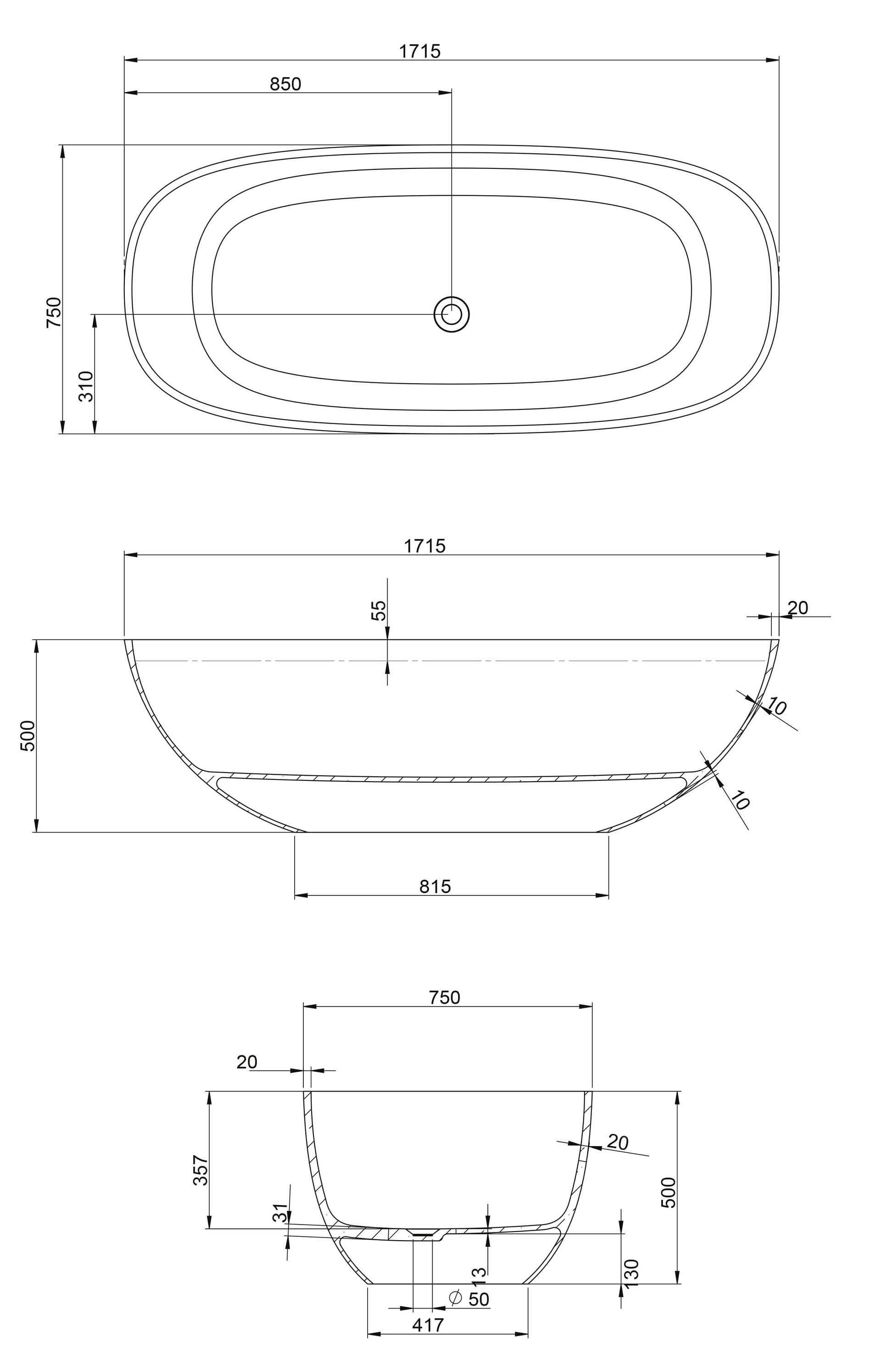 Schéma Baignoire Amboine 171,5X75