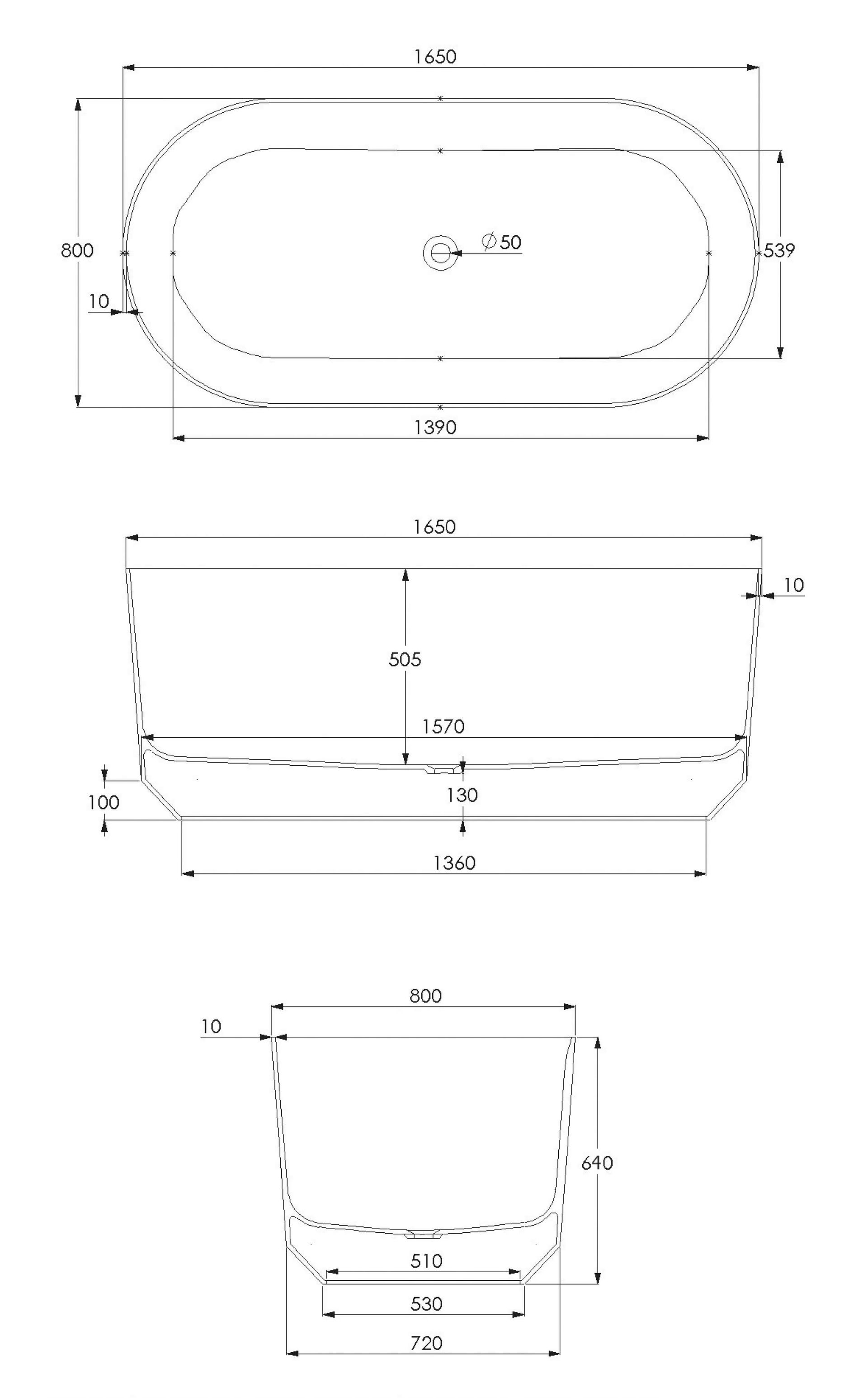 Schéma baignoire ilot en résien 165X 80