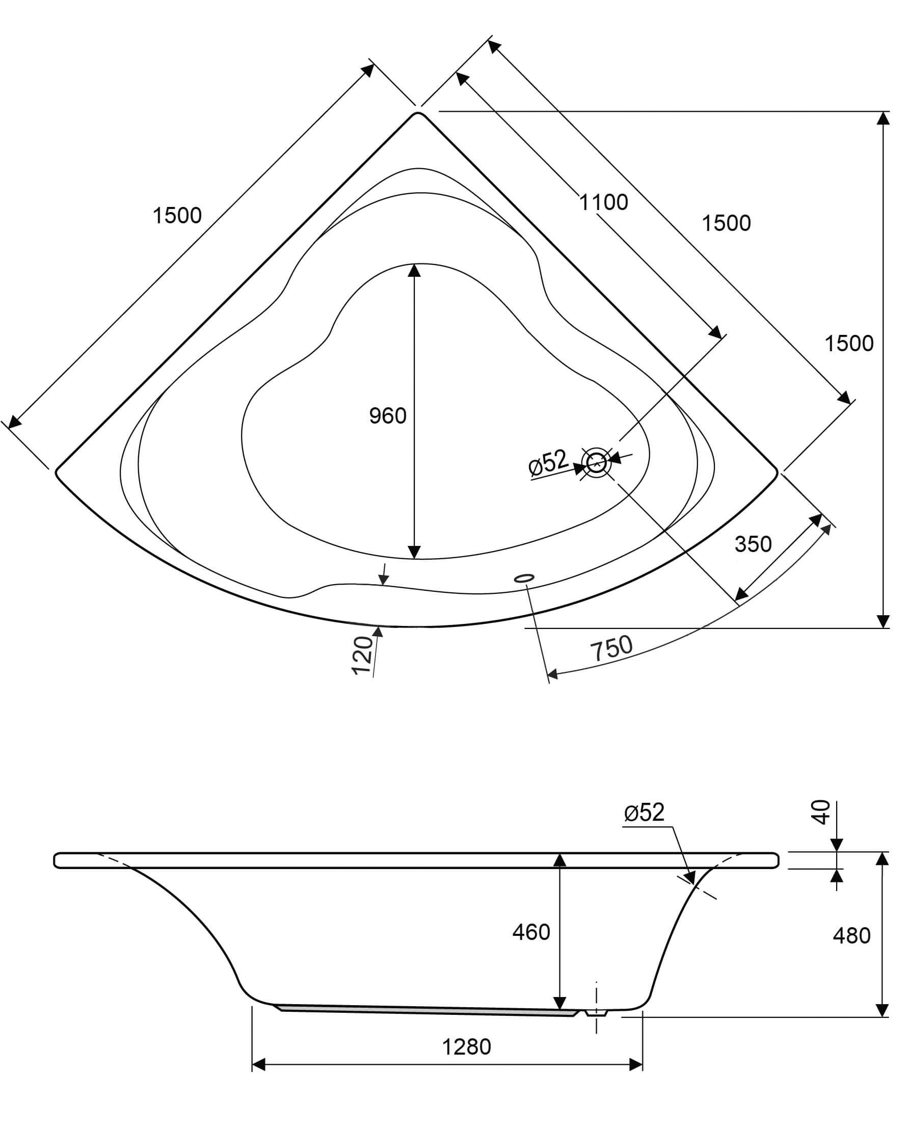 Schéma baignoire 150X150 2 places mitoyennes