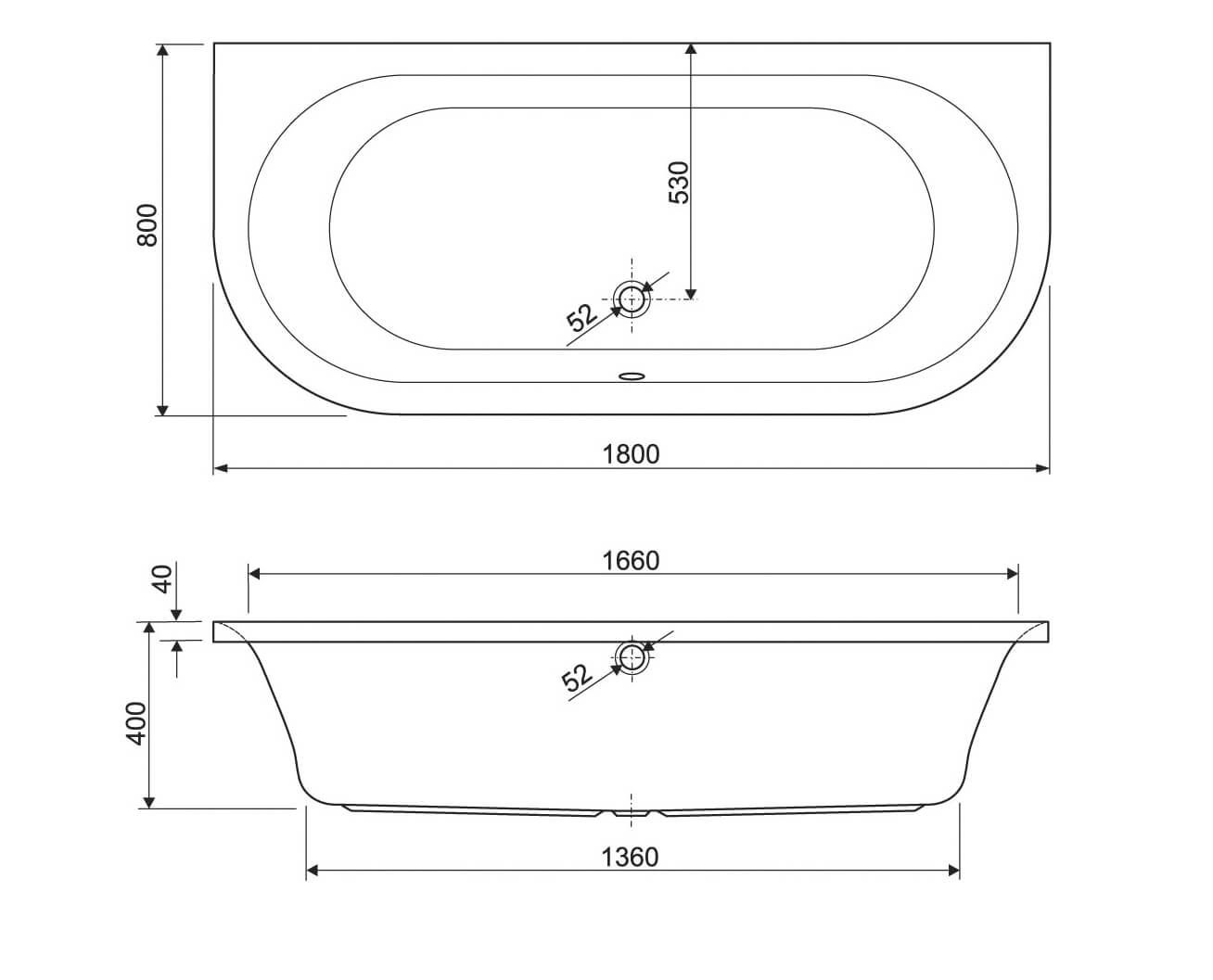 Schéma de la baignoire Balnéo semi îlot murale