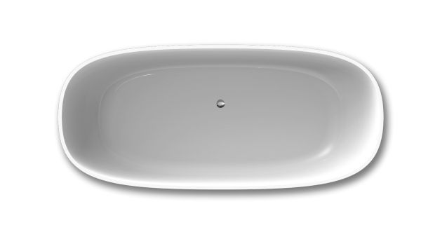 Collection pour la salle de bains : Baignoire ovoïde en ilot en résine solid surface avec vasque et robinetterie