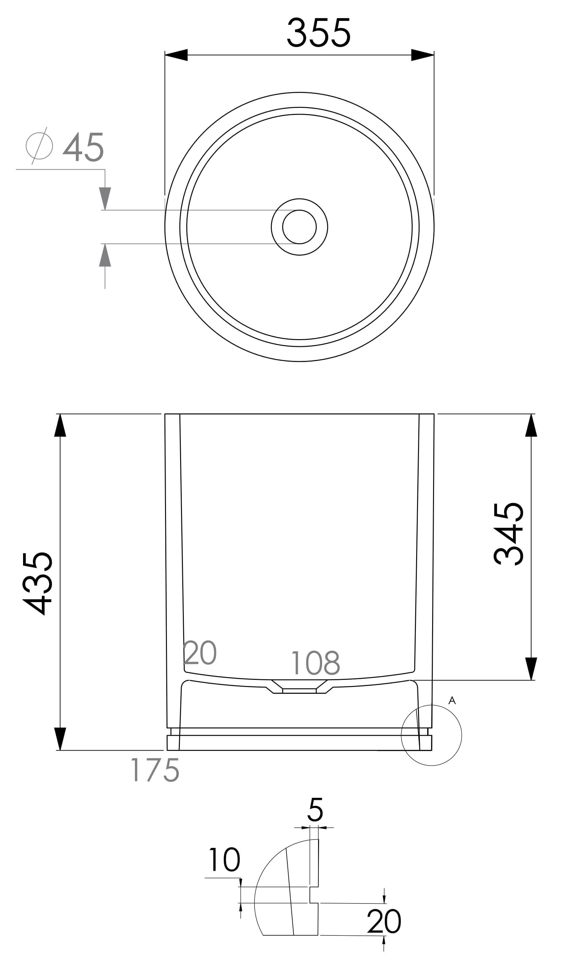 Schéma lavabo mi-hauteur rond à poser D35,5 cm Olivier