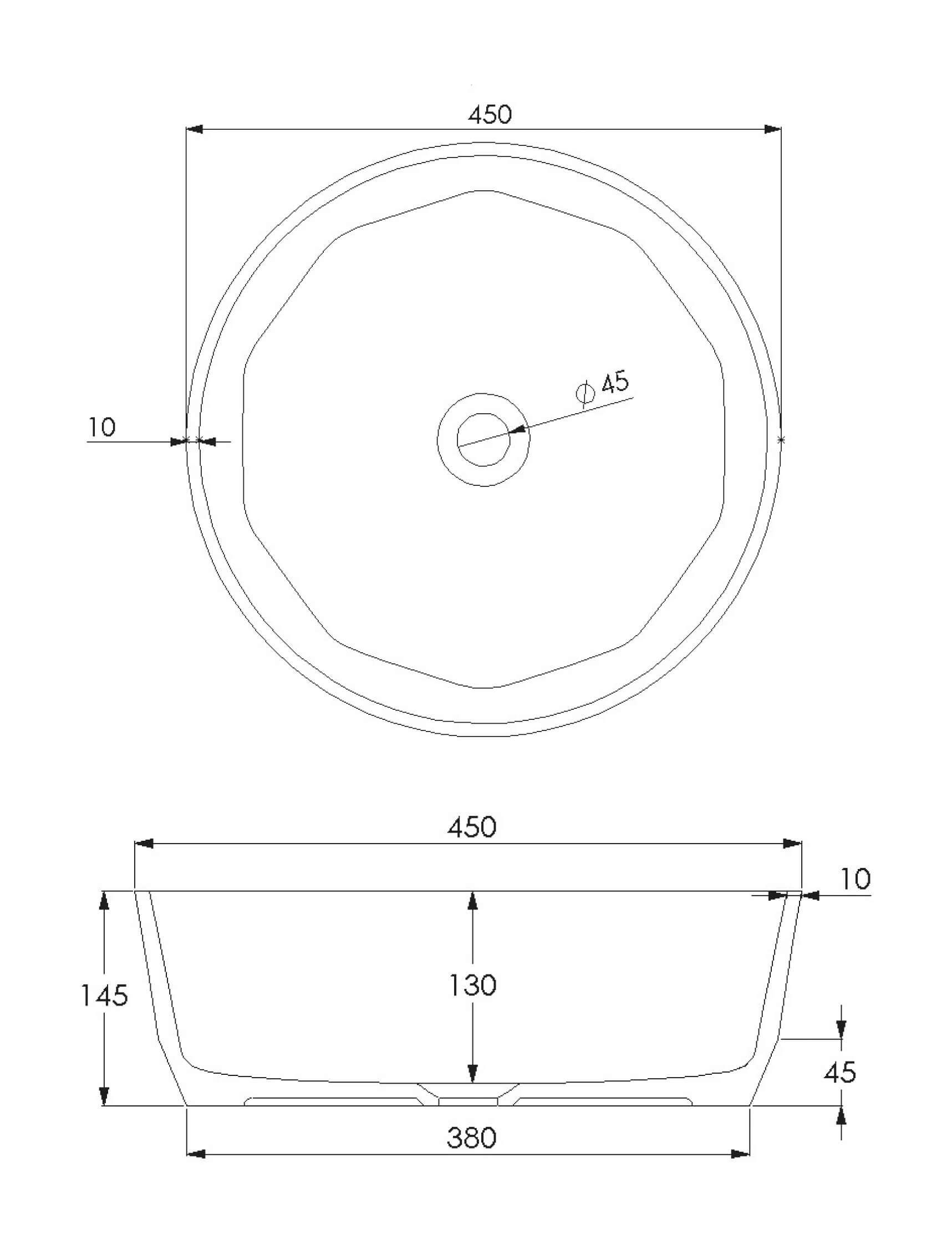 Schéma lavabo à poser en résine à pans coupés