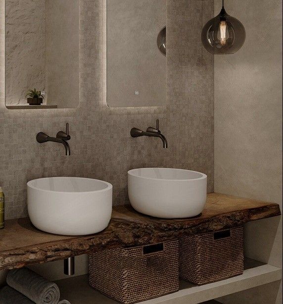 Double vasque à poser sur plan bois et tirroir en