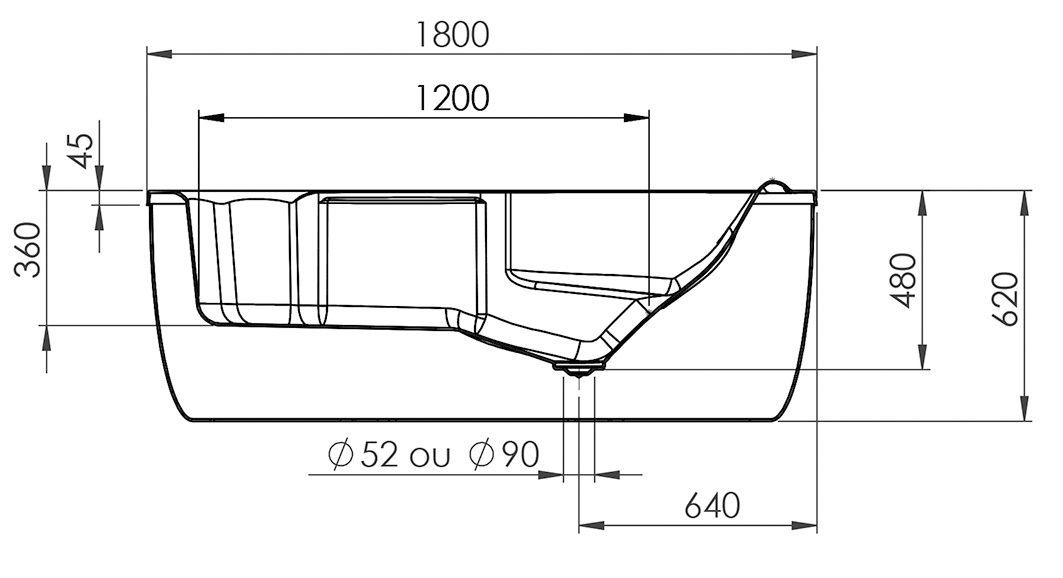 Vue de coupe de la baignoire Soko ovale en îlot