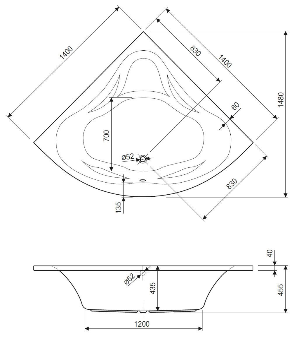 Schéma baignoire d'angle 140X140
