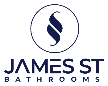 Logo for James St Bathrooms: white circle with navy symbol, navy text