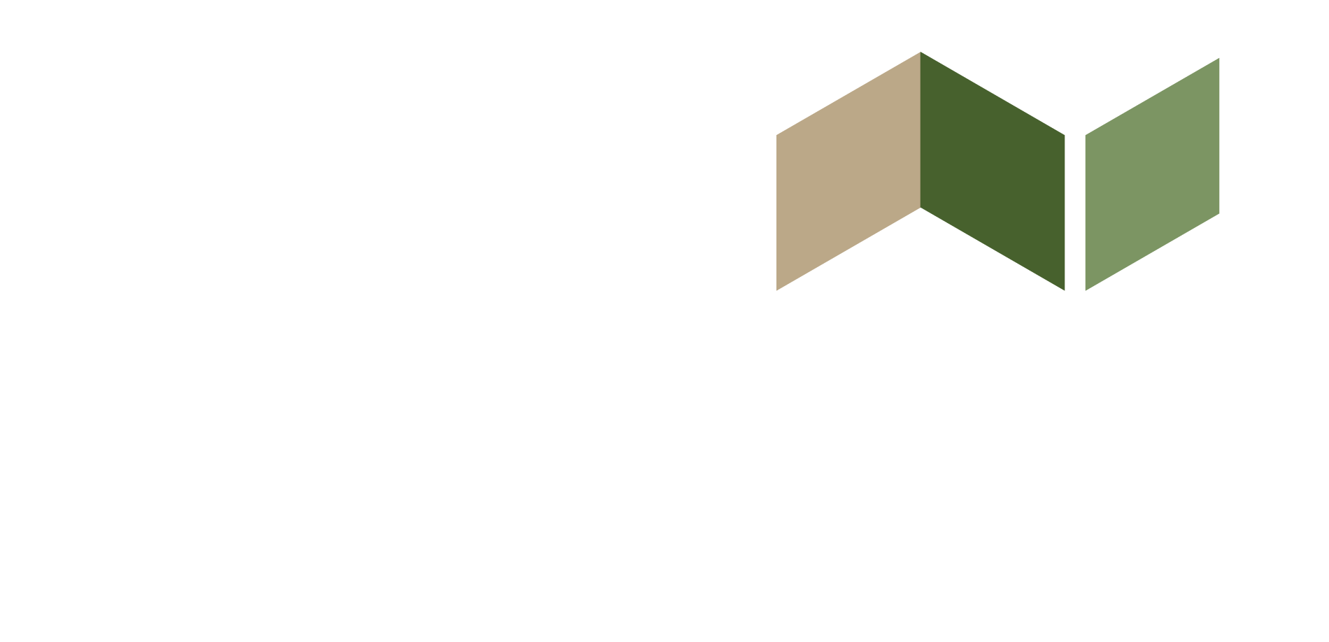 Abstract logo with tan, green, and olive coloured geometric shapes.