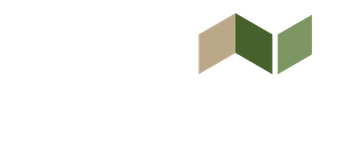 Abstract logo with tan, green, and olive coloured geometric shapes.