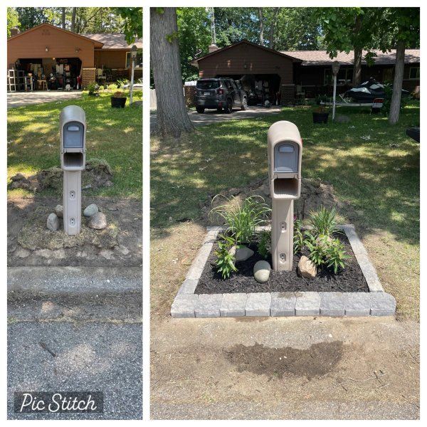 A before and after picture of a mailbox in a yard.