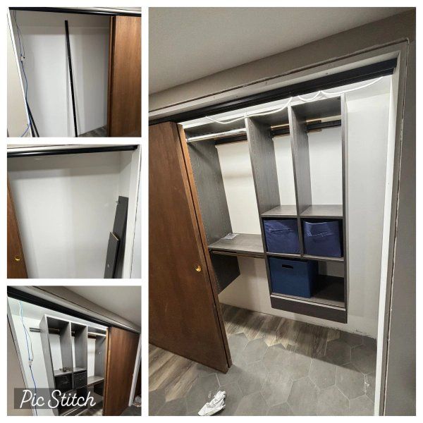 A collage of pictures of a walk in closet being built