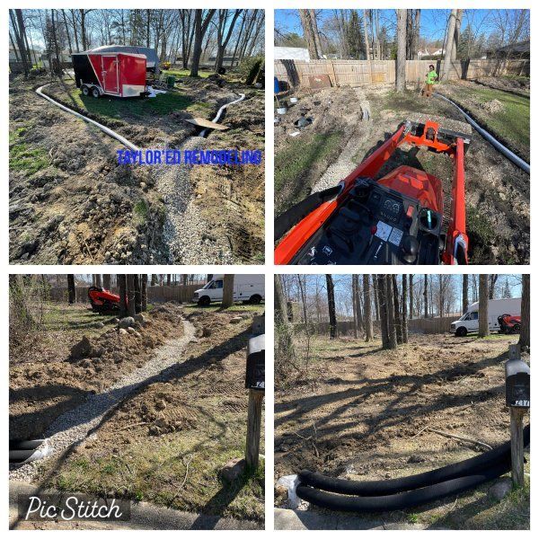 A collage of four pictures of a drainage system being installed