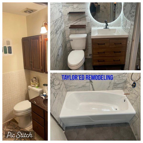 A bathroom with a toilet , sink , and bathtub.